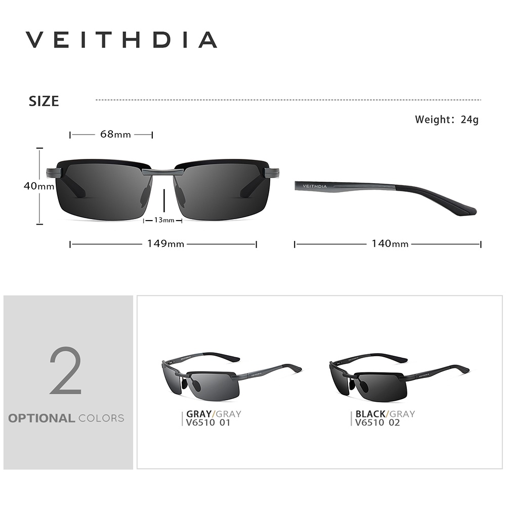 Kính râm VEITHDIA 6510 phân cực gọng hợp kim nhôm chống tia UV400 thời trang cho nam