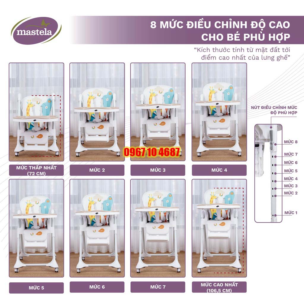 Ghế ăn dặm đa năng cho bé Mastela 1015 có 5 mức nâng hạ độ cao, 3 chế độ ngả, dùng cho bé từ 4 tháng - 5 tuổi