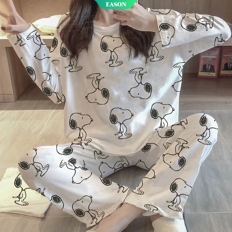 Bộ Đồ Ngủ Tay Dài In Họa Tiết Snoopy Phong Cách Nhật Bản Dễ Thương Cho Nữ