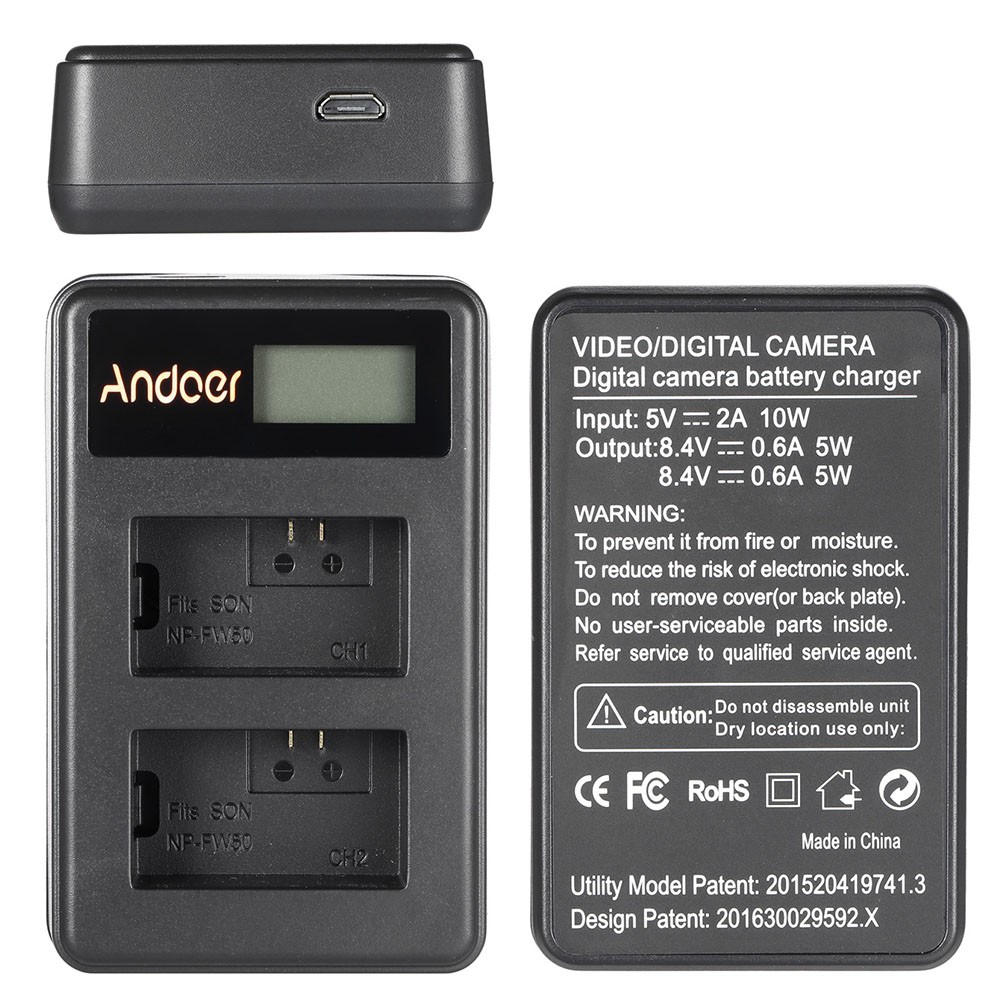 Ĩ Andoer NP-FW50 Rechargeable LED Display Li-ion Battery Charger Pack 2-Slot USB Cable Kit for SONY Alpha A7 A7R A7S A50