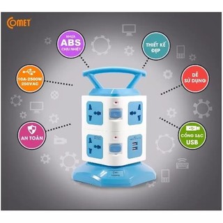 Ổ Cắm Điện COMET CES6703 (7 lỗ cắm + 2 cổng USB) (Xanh dương nhạt)