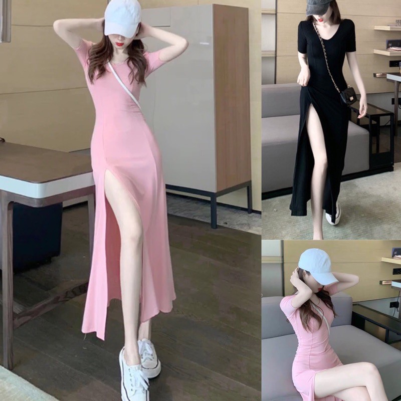 [Order] Váy body xẻ tà dáng dài đi tiệc. Đầm thun ôm body tay ngắn