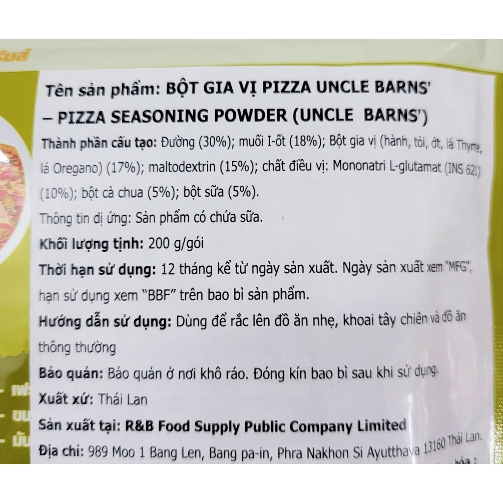 [Túi nhỏ 200g] BỘT GIA VỊ PIZZA RẮC KHOAI TÂY, MÓN ĂN [Thailand] UNCLE BARNS Pizza Seasoning Powder (halal)