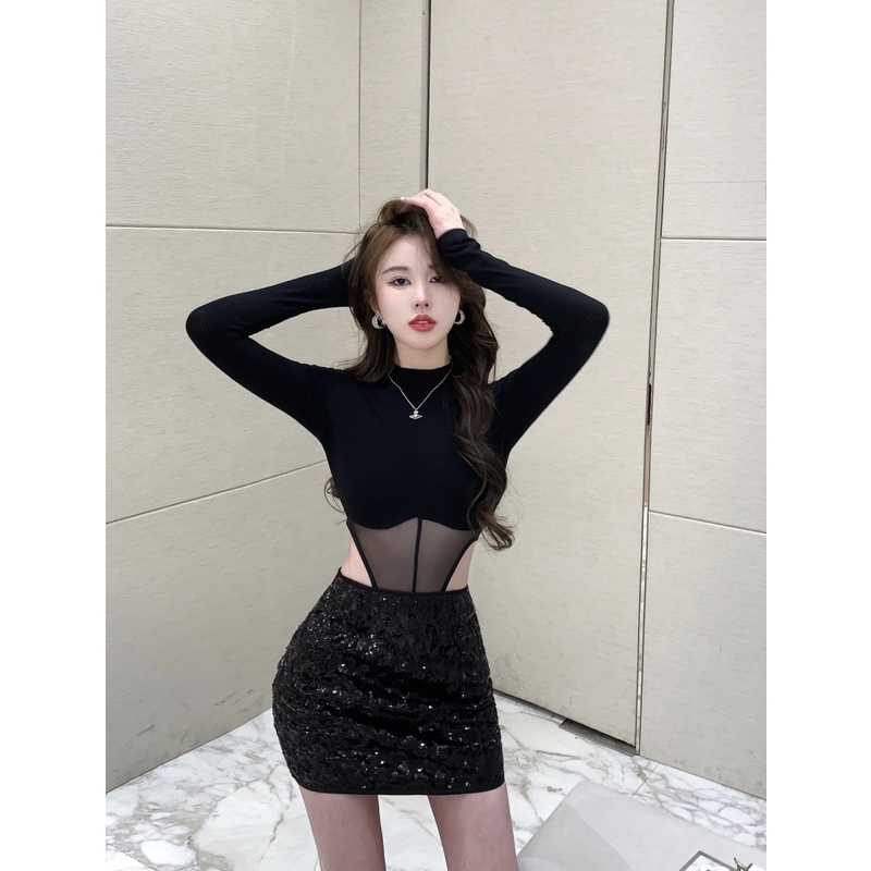 Áo Dệt Kim Tay Dài/Chân Váy Lưng Cao Đính Kim Sa Quyến Rũ Thời Trang Cho Nữ