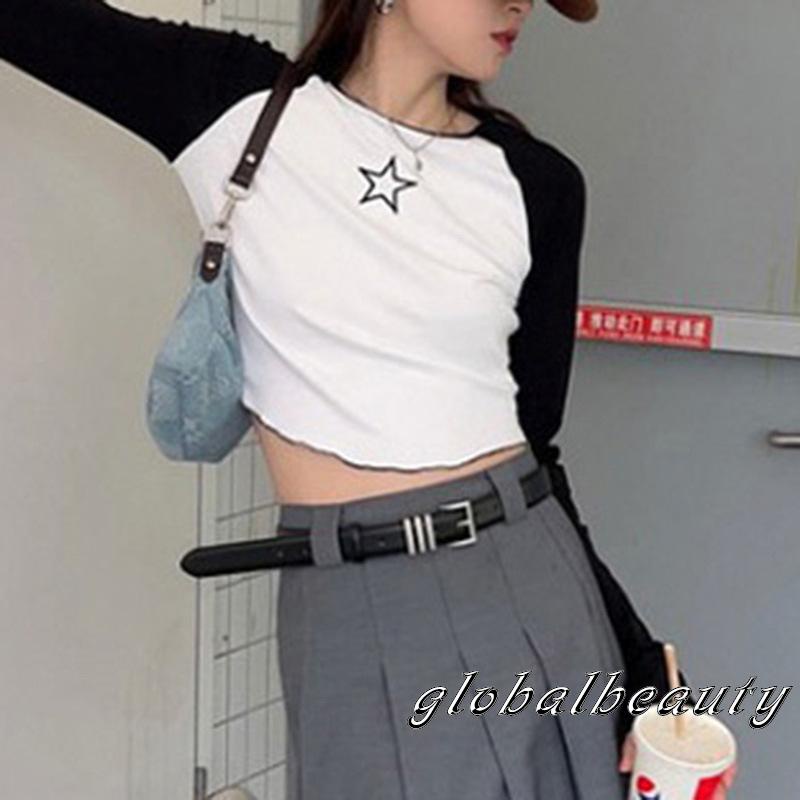 Áo Thun Tay Dài Cổ Tròn In Hình Ngôi Sao Màu Sắc Tương Phản Thời Trang Cho Nữ Size S / M / L