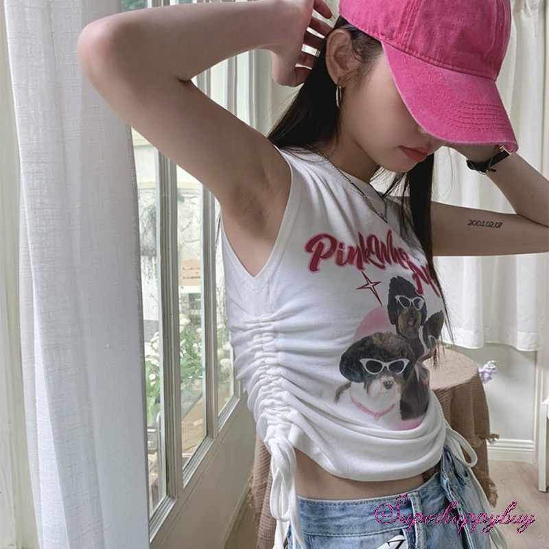 Áo Không Tay In Hoạt Hình Phối Dây Rút Thời Trang Dành Cho Nữ
