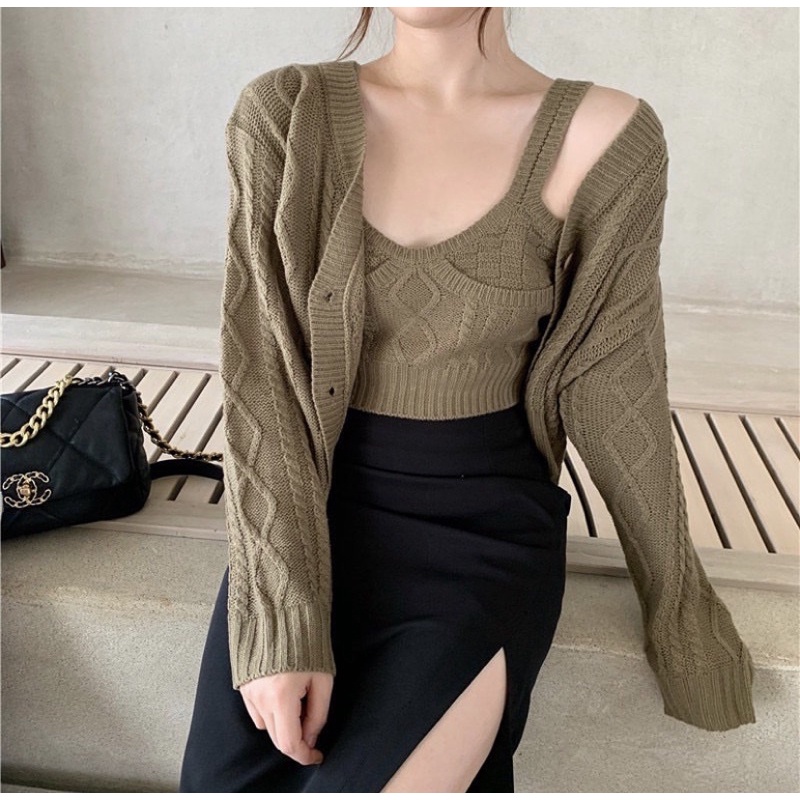 Set Chipu áo len hai dây kèm cadigan