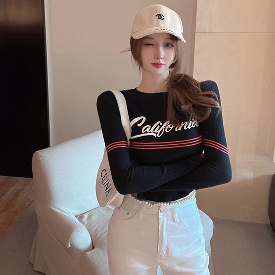 Áo thun ZHELIHANGFEI dệt kim dài tay in chữ thời trang cho nữ