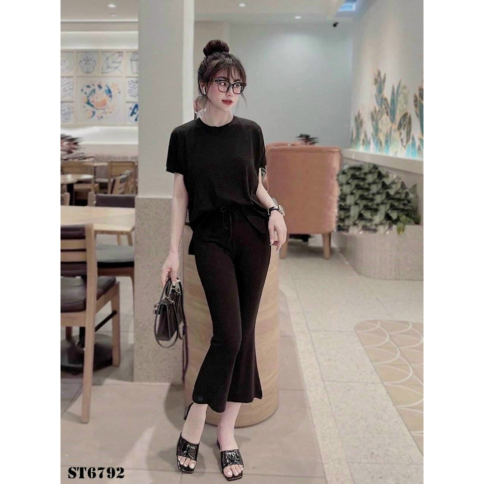 (Mẫu mới FreeShip)Đồ bộ nữ,bộ thun gân áo xẻ tà phối quần ống loe có túi,chất gân mềm hàng chuẩn shop,lên from siêu xinh