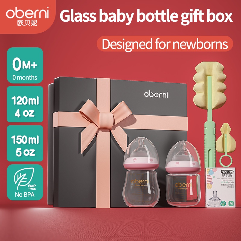 Hộp 2 bình sữa Oberni bằng thủy tinh borosilicate chống đau bụng làm quà tặng dành cho bé 0-6 tháng tuổi