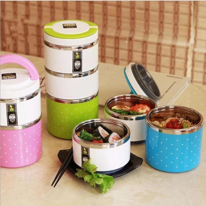 Hộp cơm giữ nhiệt chấm bi 3 tầng ruột inox LUNCH BOX