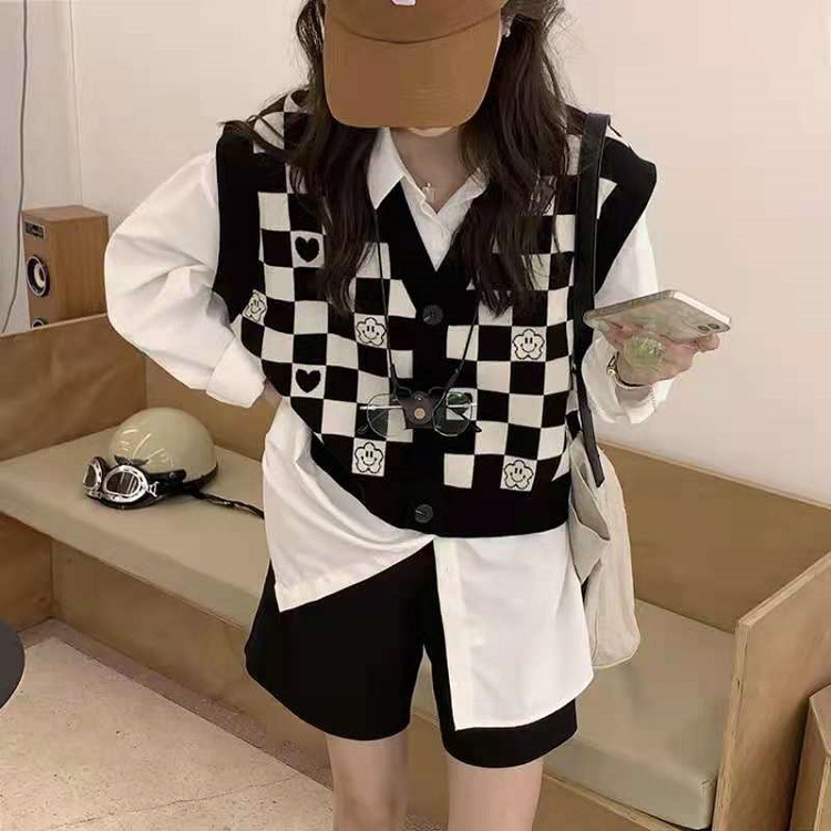 DUNEA Áo len không tay họa tiết sọc caro trắng đen phong cách Hàn Quốc