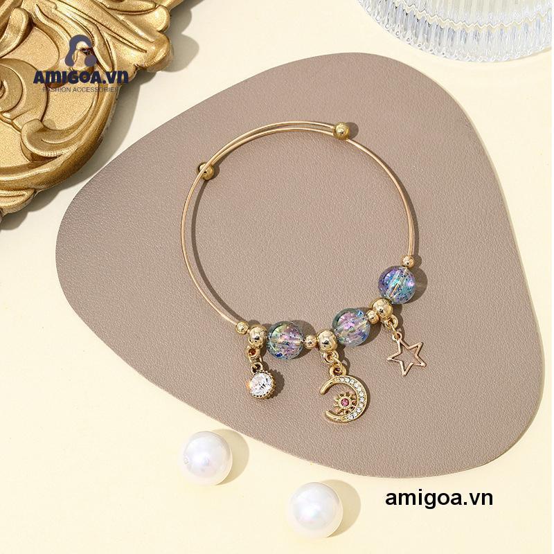 Vòng Đeo Tay Đính Hạt Họa Tiết Mặt Trăng / Ngôi Sao Phong Cách Hàn Quốc