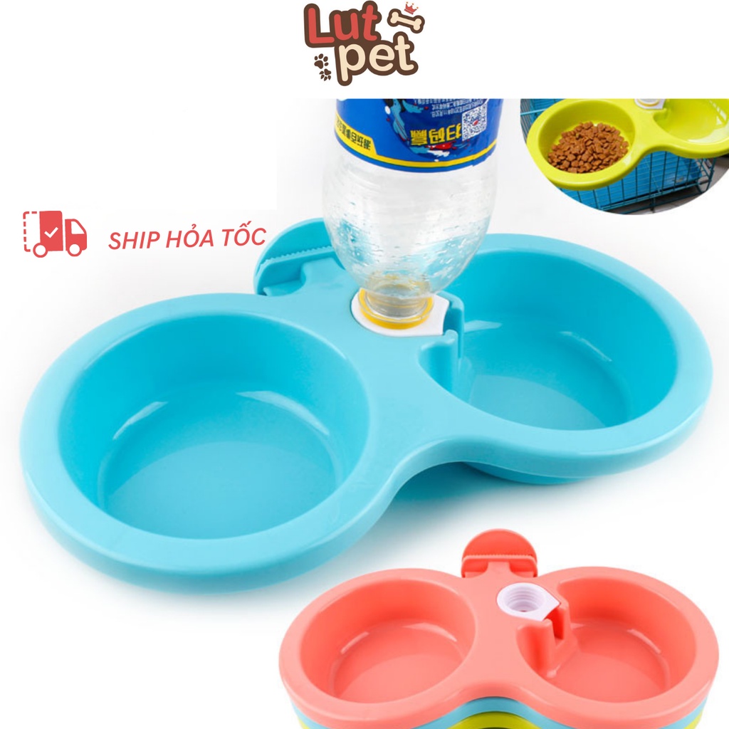 Bát ăn hai ngăn cấp nước tự động chó mèo gắn chuồng - Tô nhựa kèm khay nước cho chó mèo (1 cái) - lutpet