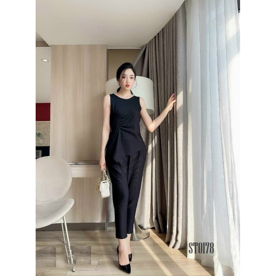 Áo ba lỗ nữ rút sườn mix quần baggy, vải dập siêu sang chảnh