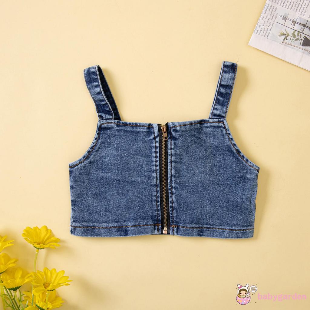 Bộ Áo Croptop Hai Dây Màu Trơn + Quần Short Denim Phối Dây Kéo Thời Trang Mùa Hè Cho Bé Gái 1-6 Tuổi
