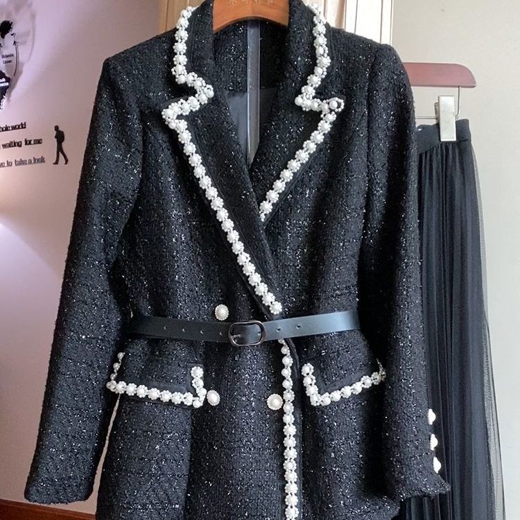 Bộ Áo Khoác + Chân Váy Lưới Đính Hạt Thời Trang Mùa Thu Phong Cách Mới