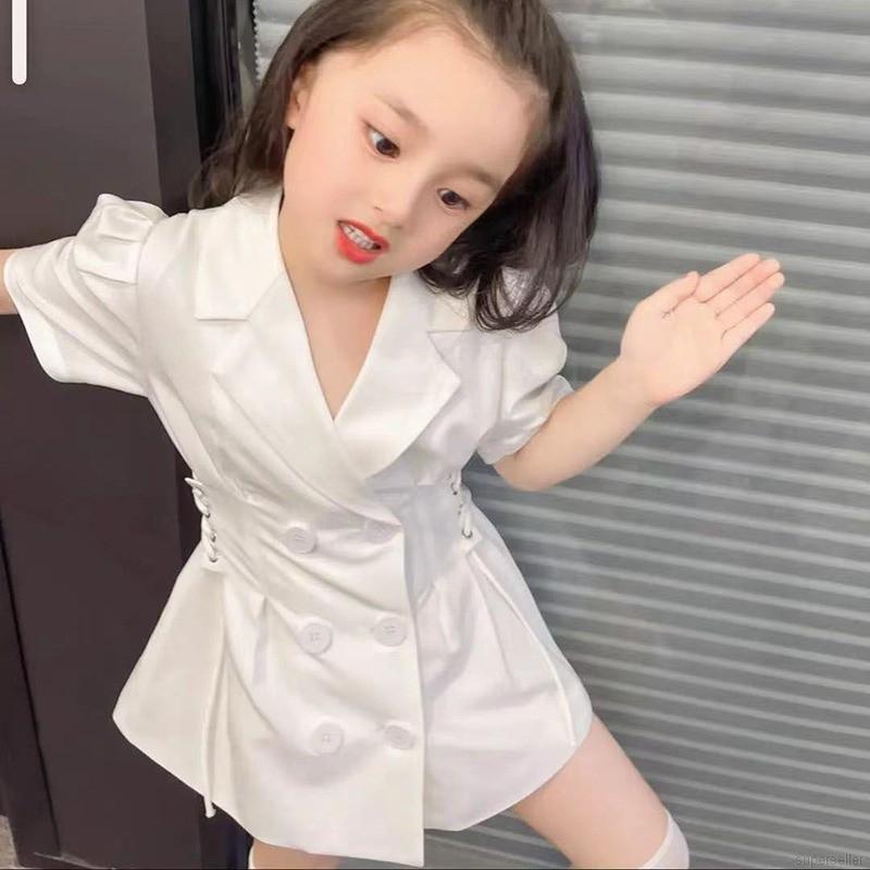 Váy tay phồng hai hàng nút ở ngực ôm eo thời trang mùa hè dành cho bé gái