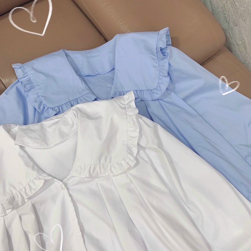 [Mã FAMARAL1 giảm 10k đơn 50k] Áo Sơ Mi Doll Cổ Bèo Gập To Dáng Giấu Quần 2 Màu Xanh Trắng ( Hàng Sẵn) | BigBuy360 - bigbuy360.vn