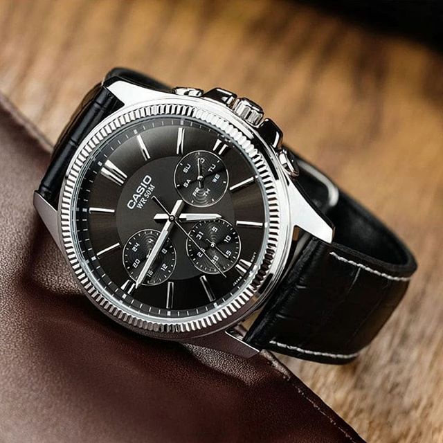 Đồng hồ Nam Casio MTP-1375L, đồng hồ chính hãng, dây da đen mặt thể thao chạy 6 kim