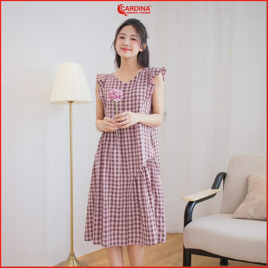 Đầm nữ CARDINA  chất thô cao cấp dáng suông kẻ bèo vai lệch tầng trẻ trung 3VTH06