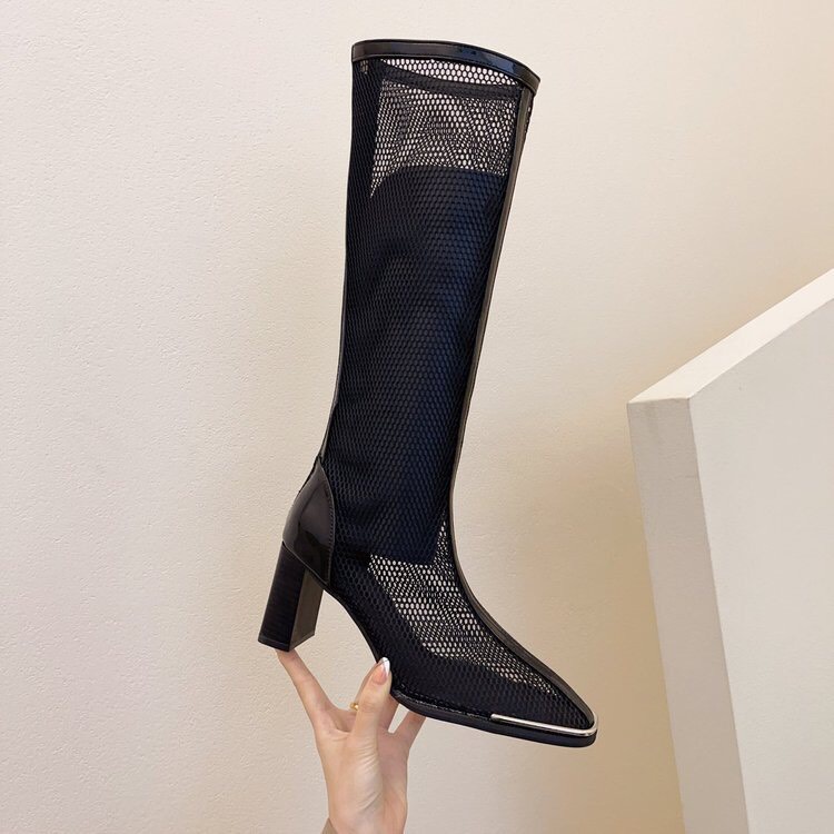 Bốt Đùi Lưới Loại Cao Cấp Khóa Sau Gót 7.5cm Phối Mũi Viền Bạc
