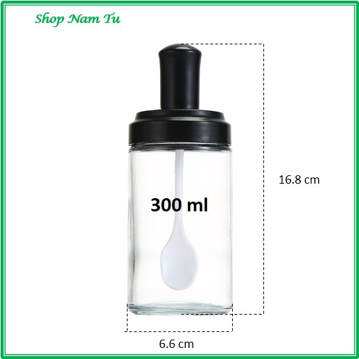 [MUA TẶNG QUÀ] Hũ đựng gia vị thủy tinh 300 ml, kèm muỗng (thìa) tiện lợi, chống ẩm cực bền