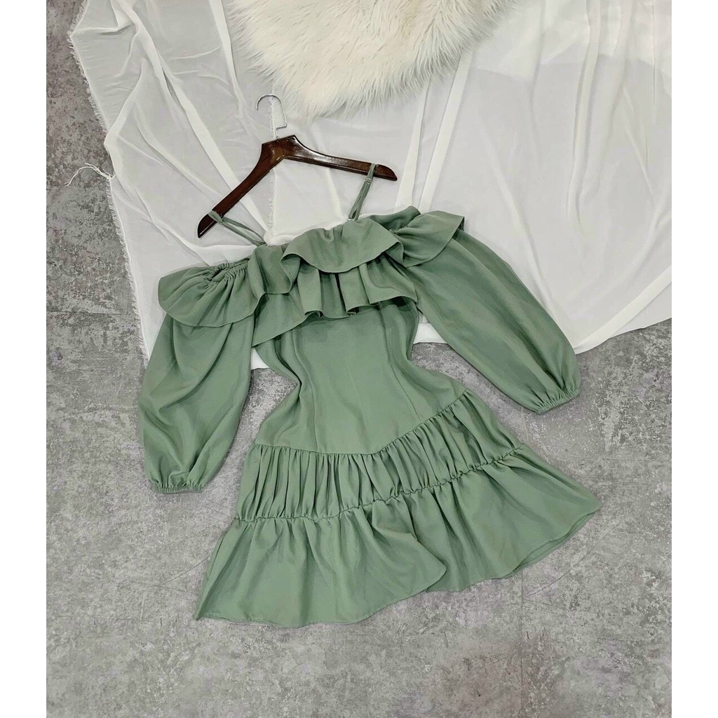 [ Miễn Phí Ship 2022 ] Đầm kate trễ vai hai tầng xếp ly cổ dây, đầm nữ kiểu dáng Hàn Quốc