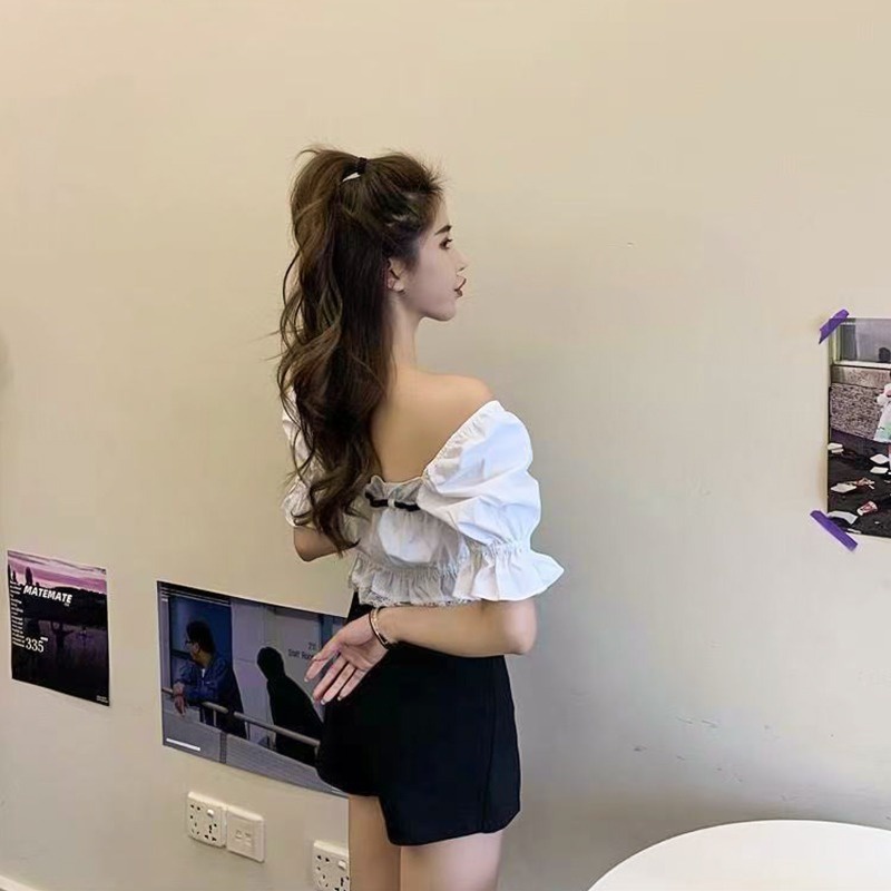 ZHELIHANGFEI Áo Kiểu Tay Phồng Trễ Vai Lưng Cao Cột Dây Phong Cách Quyến Rũ