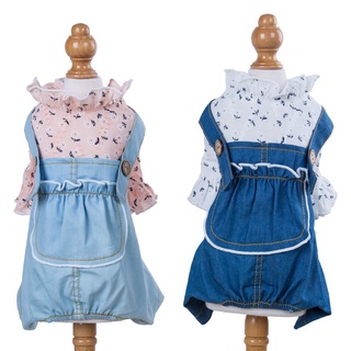 Jumpsuit denim hoa cho chó mèo, áo liền quần cho chó mèo