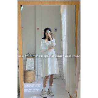 Váy trắng cổ vuông ren dài tay. Đầm trắng tiểu thư dài tay SP000007 ( Ảnh thật)