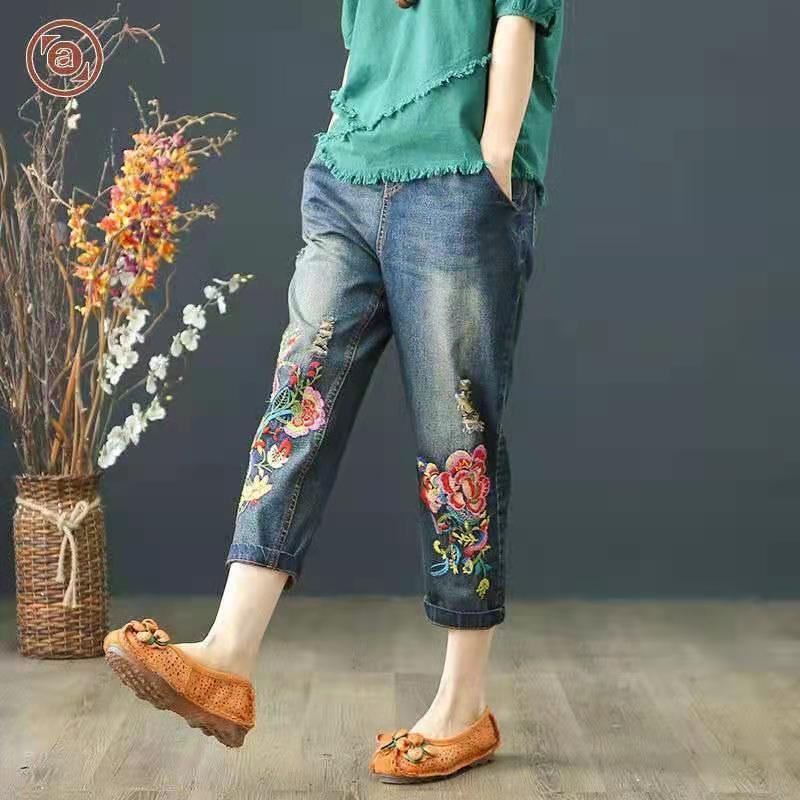 Quần Jeans Nữ Lưng Cao Thêu Hoa Thời Trang