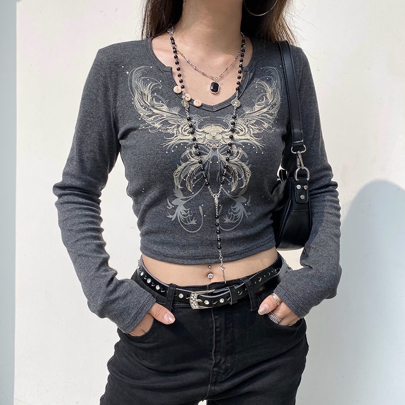 V-neck Slim Short T-shirt with Butterfly Print European and American Style For Women