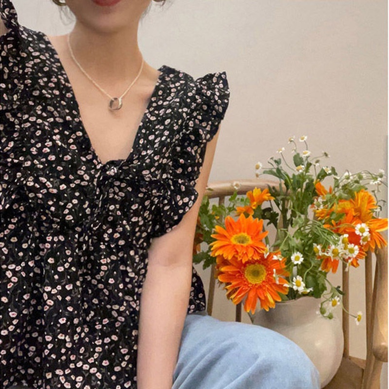 Áo Sơ Mi Không Tay Viền Nhún Bèo Họa Tiết Hoa Phong Cách Hàn Quốc