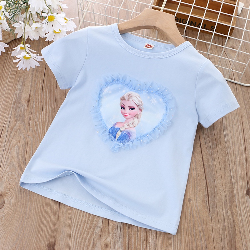 DISNEY Áo Thun Cotton Tay Ngắn Phối Ren Hình Công Chúa Băng Giá Elsa Dành Cho Bé Gái 2022 Mới 1-8 Tuổi