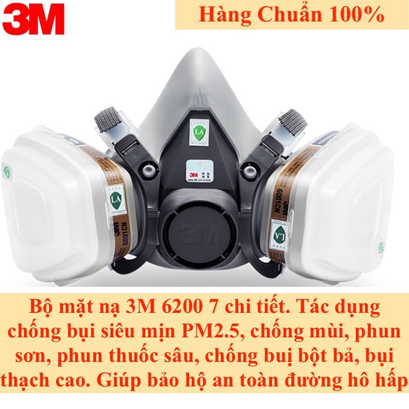 Bộ Mặt Nạ 3M 6200 Hoặc 3M 6100 đầy đủ Lọc phòng Độc, Lọc Khói Hoá Chất, Phin Lọc 3M 6001CN than hoạt tính lọc khử độc tố