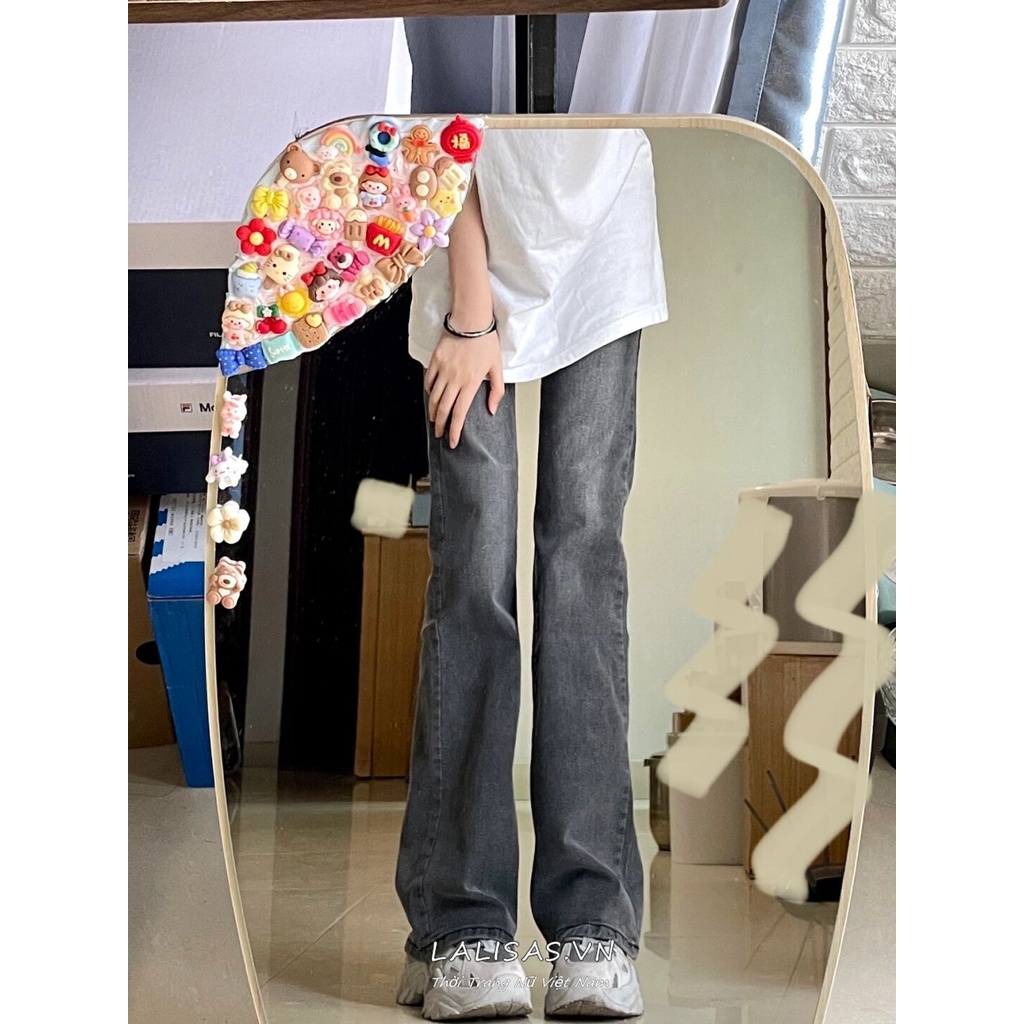 Quần Jean Ống Loe Lưng Cao Thời Trang retro Hàn Quốc