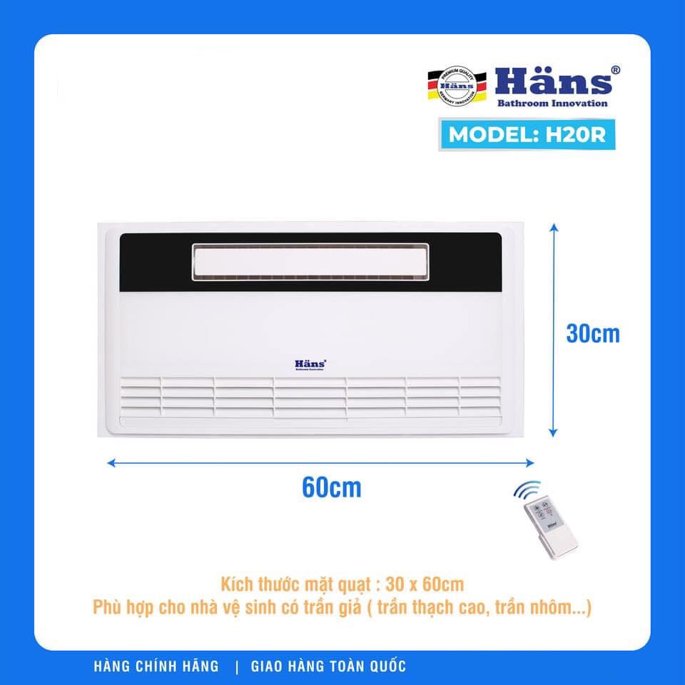 Quạt mát nhà vệ sinh có hút mùi và điều khiển từ xa Hans H20 H10R - Lắp âm trần kích thước 60 x 30 cm