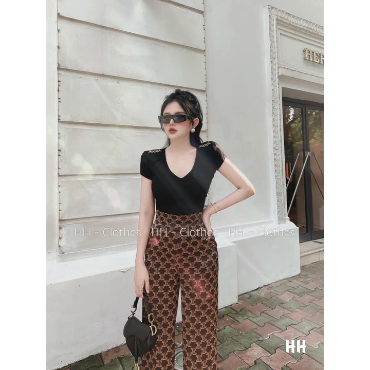 Đồ bộ nữ, set đồ bộ quần ống rộng lụa đai cao tôn dáng và áo thun cotton gân ôm ngắn tay phối dây xích xinh xịn