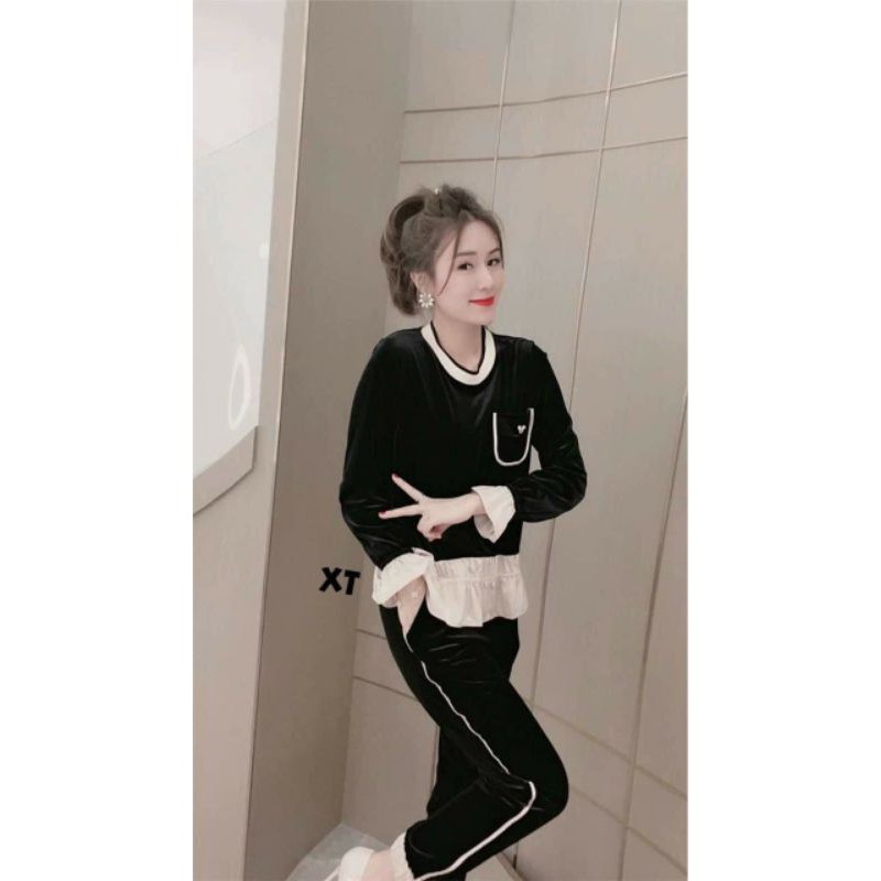 Bộ viền nâu cổ tròn áo baby dài tay - Sét bộ nhung pha viền túi ngực bánh bèo xinh xắn