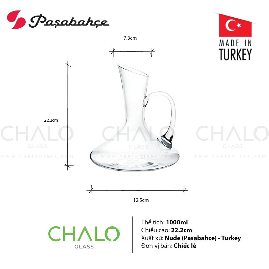 [Made in Turkey] Bình thở rượu vang pha lê có quai Pasbahce Nude Vini Decanter 1000ml  - 19720