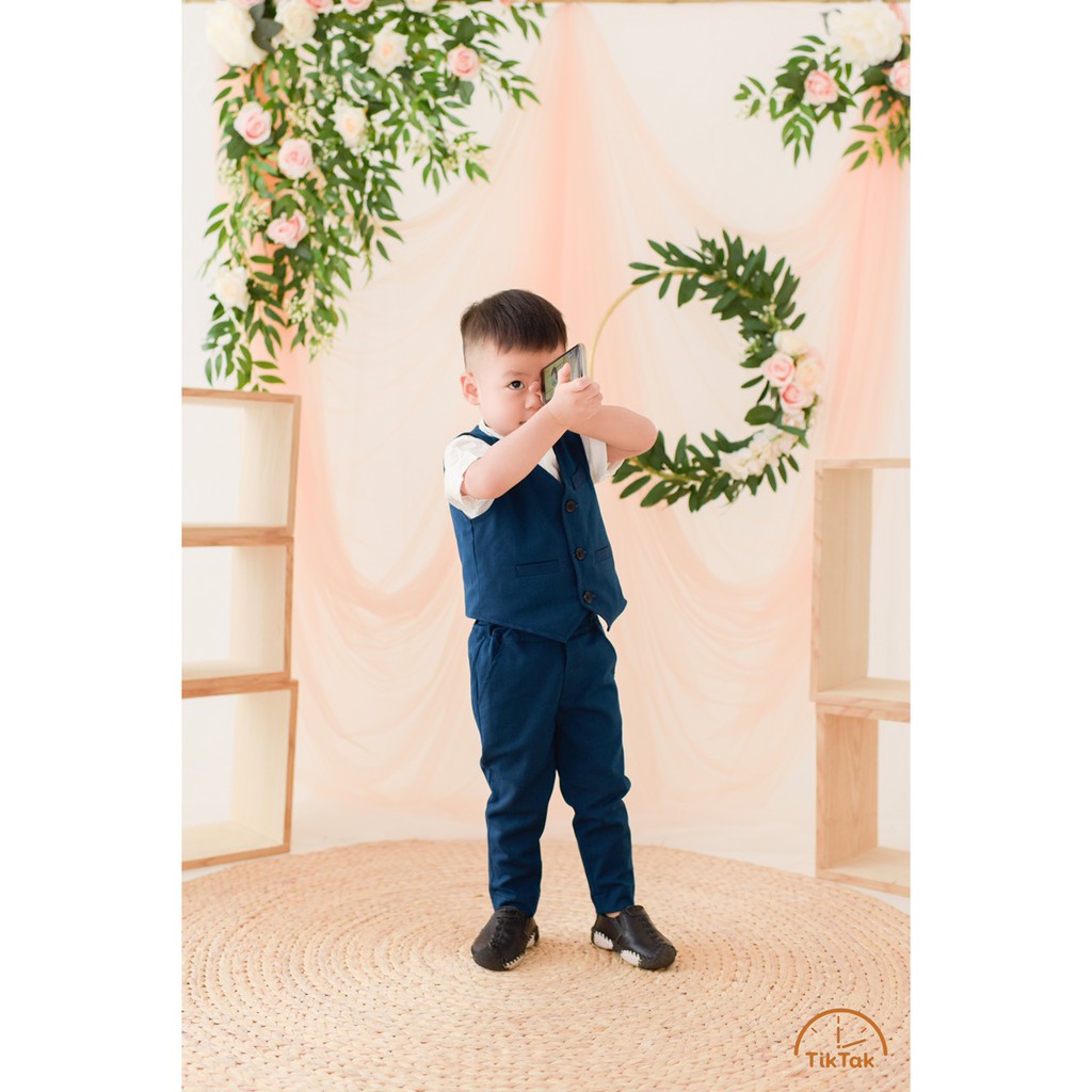 SET QUẦN ÁO VEST BÉ TRAI MÀU XANH CỔ VỊT