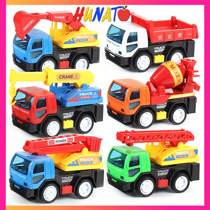 Ô tô đồ chơi cho bé bộ 6 xe kỹ thuật xây dựng trộn bê tông vận tải KT 11x8x5.5 cm chất liệu nhựa chắc chắn bền bỉ HUNATO