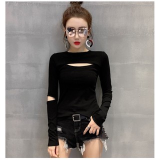 Áo thun gân cotton cut ngực tay dài
