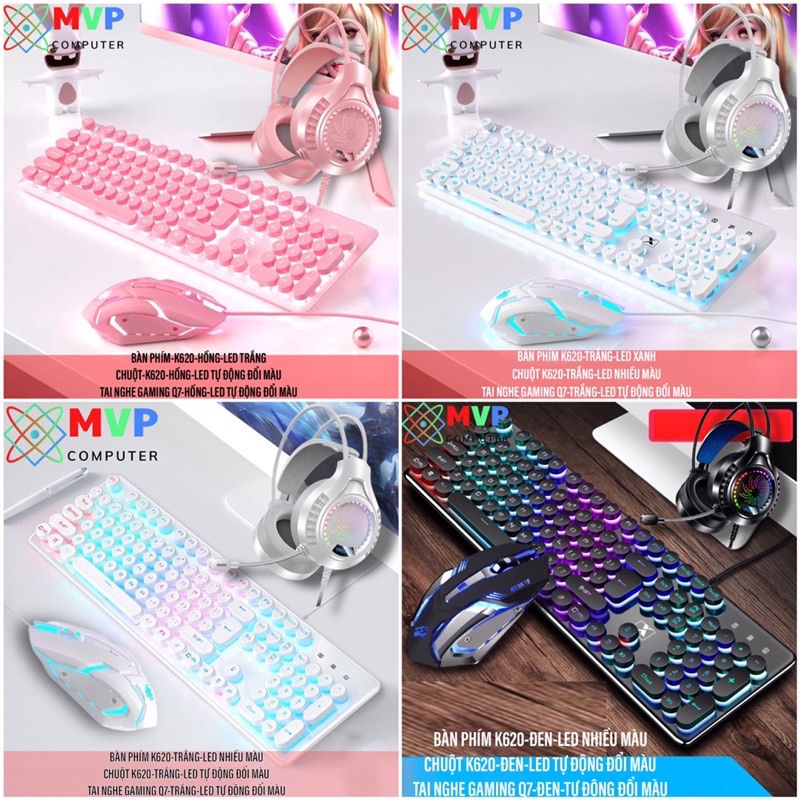 Bàn Phím Chuột Tai Nghe Gaming K620 Q7 Nút Tròn LED RGB Xuyên Chữ Phát Sáng Trong Đêm Nhiều Màu Hồng Trắng Đen
