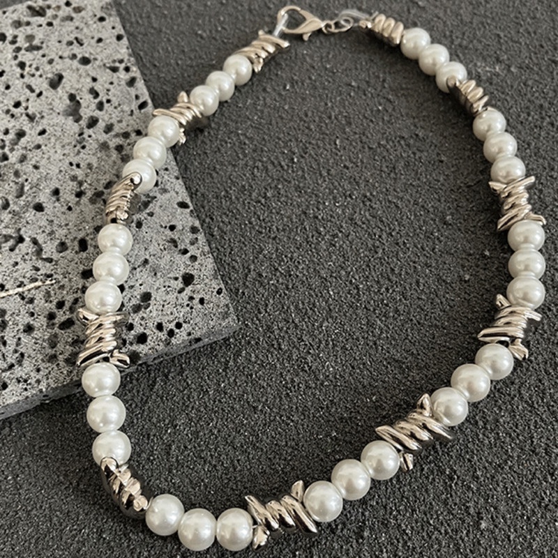 Vòng cổ Thép Titan Đính Ngọc Trai Phong Cách hip hop Cá Tính Cho Nam Và Nữ