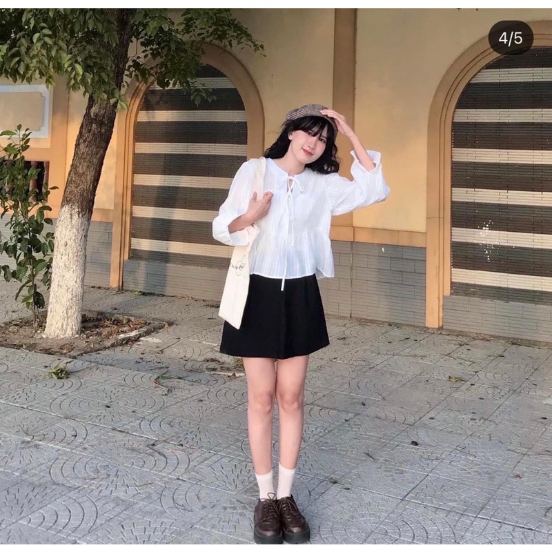 Set áo croptop babydoll thắt nơ ngực MIA TOP mix chân váy chữ A xếp ly lệch