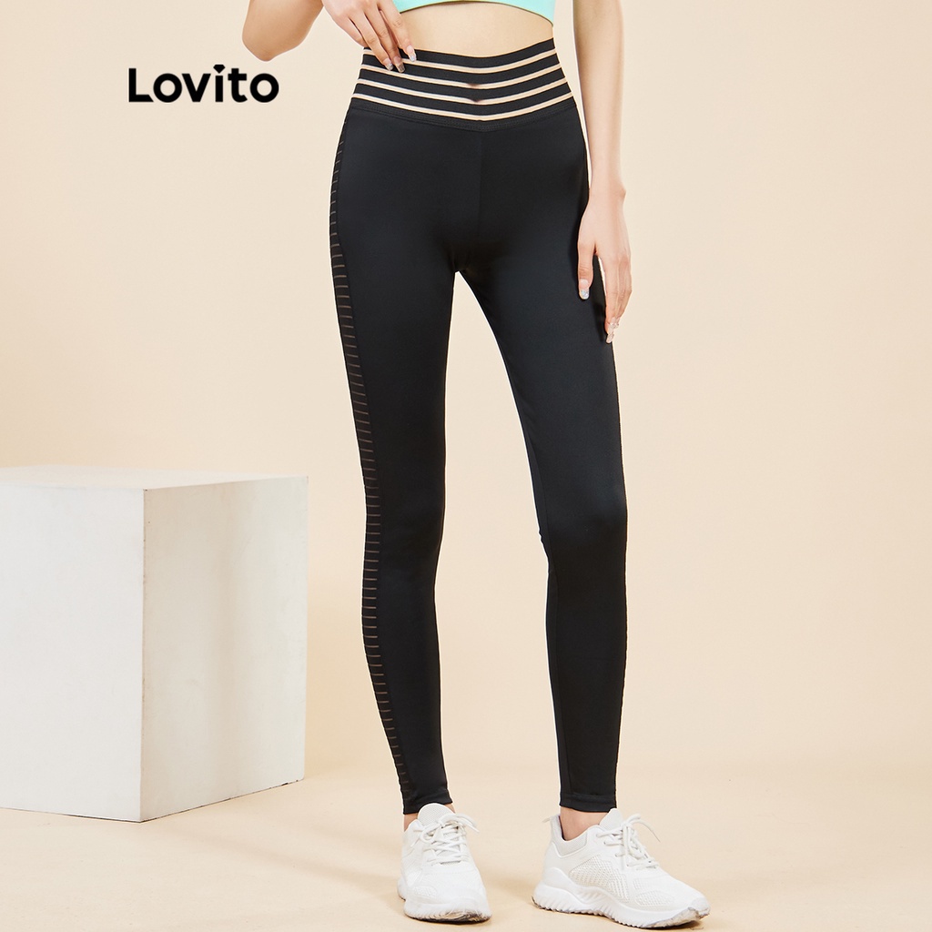 Quần legging Lovito lưng cao họa tiết sọc màu tương phản phong cách thể thao L15X222 (màu đen)