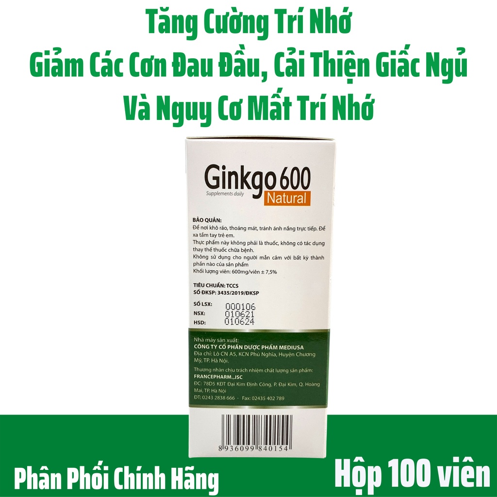 Viên uống bổ não gingko 600, giảm đau đầu, hoa mắt, chóng mặt,rối loạn tiền đình, Hộp 100 viên