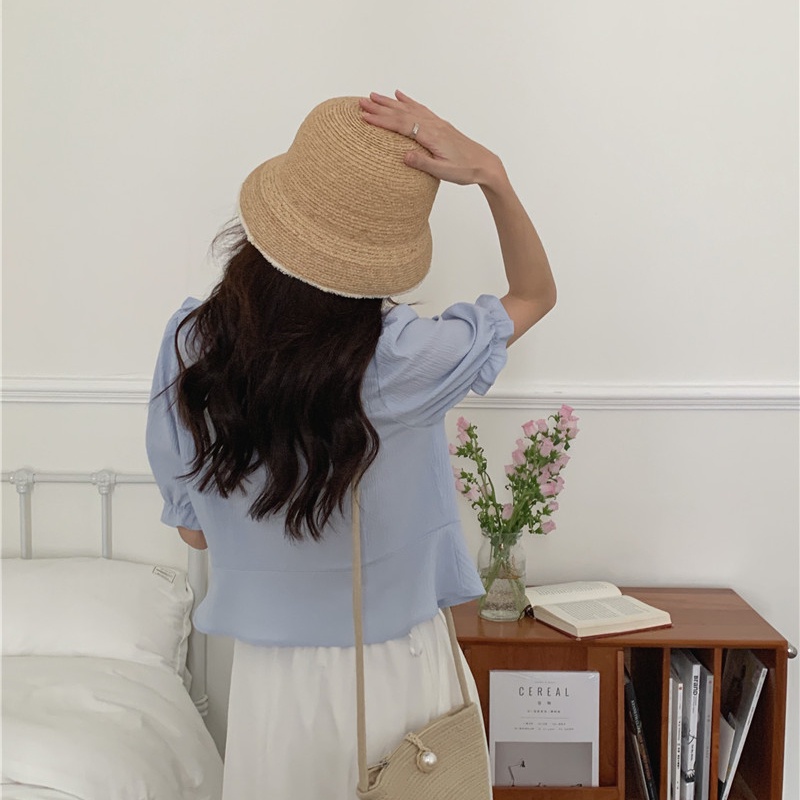 SUXI Áo Sơ Mi Tay Ngắn Cổ Chữ V Màu Sắc Đơn Giản Phong Cách Hàn Quốc Cho Nữ